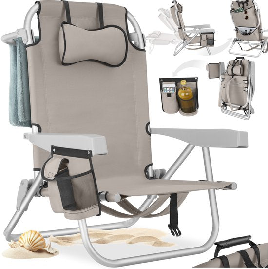 tectake® Strandstoel Coral - Opvouwbare Campingstoel met Koeltas en Opbergtas - 5-voudig Verstelbare Rugleuning met Hoofdkussen - Brede Armleuningen met Bekerhouder / Telefoonhouder - Inklapbare Kampeerstoel - Beige