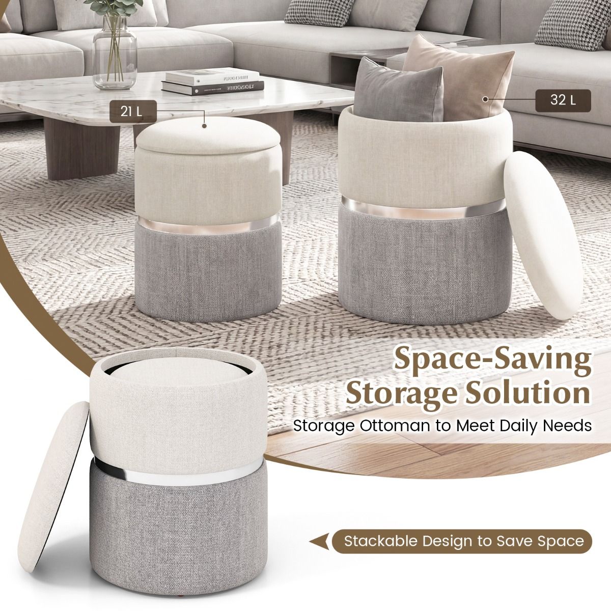 Coast Opbergpoefenset - set van 2 ronde poefs - linnen stof - zilveren accentring - beige en grijs