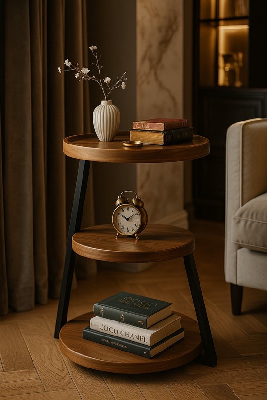 Moderne Bijzettafel – 3-Lagen – Bruin – Ø40 cm – Industrieel Design – MDF – Zwart Metaal