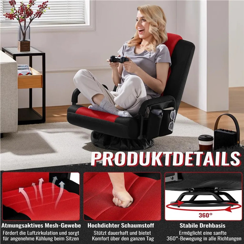 Yaheetech Draaibare Floor Gaming Chair – Verstelbare Game Stoel met Armleuningen en Zijvak