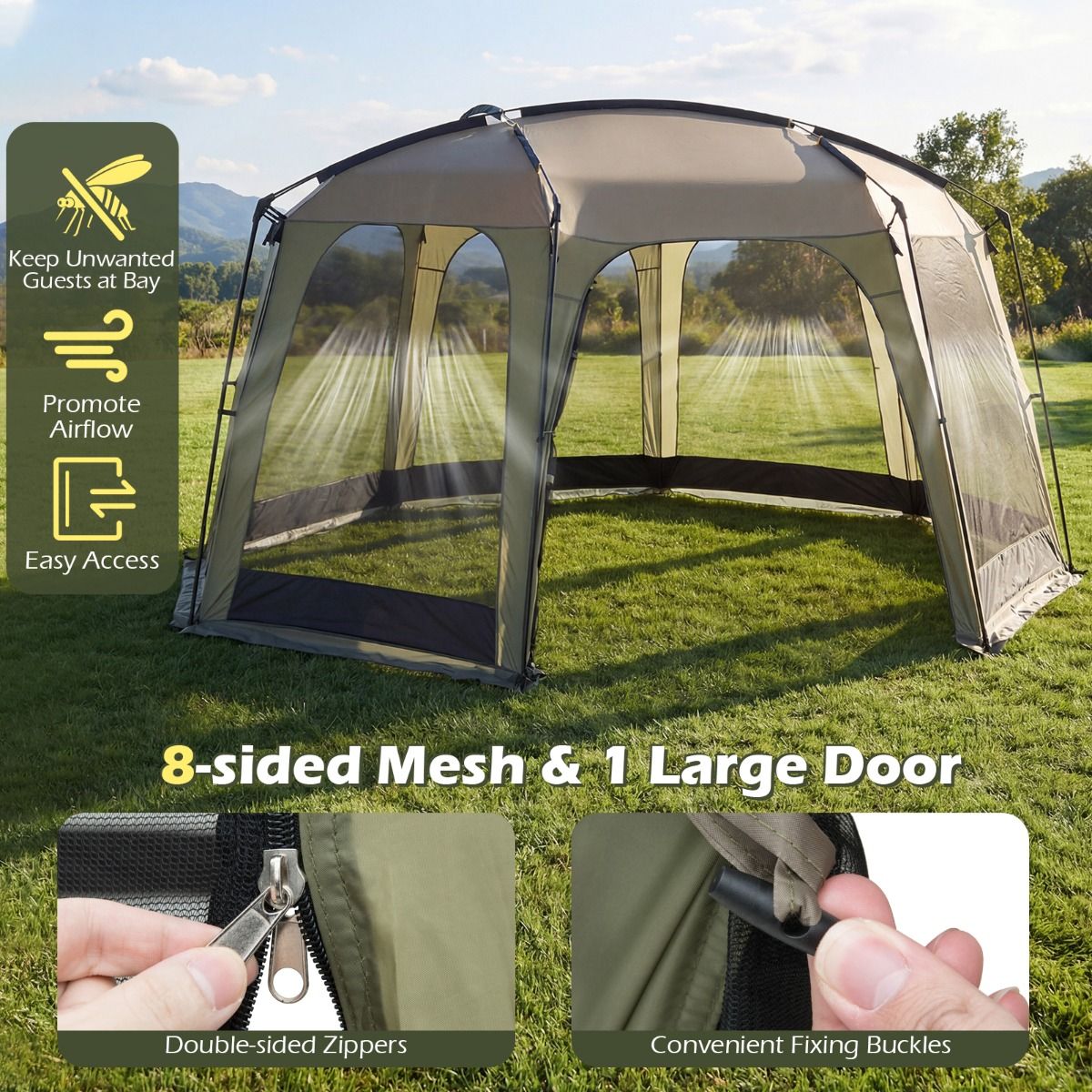 Coast Campingtent met Muskietennet - Opvouwbare Tuintent voor 6 tot 8 Personen - 380 x 355 x 225 cm - Groen/Zwart