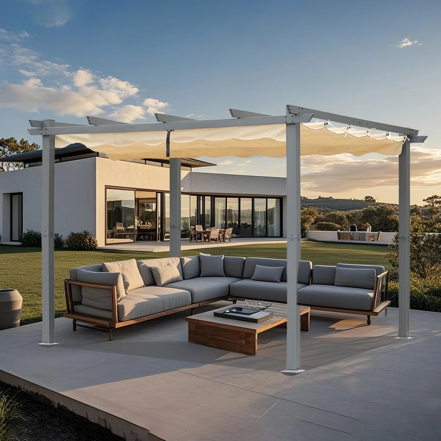 Angel Living Aluminium Pergola 3×4 m Beige – Verstelbaar Polyesterdak, Stalen Dakbuizen, Poedercoating
