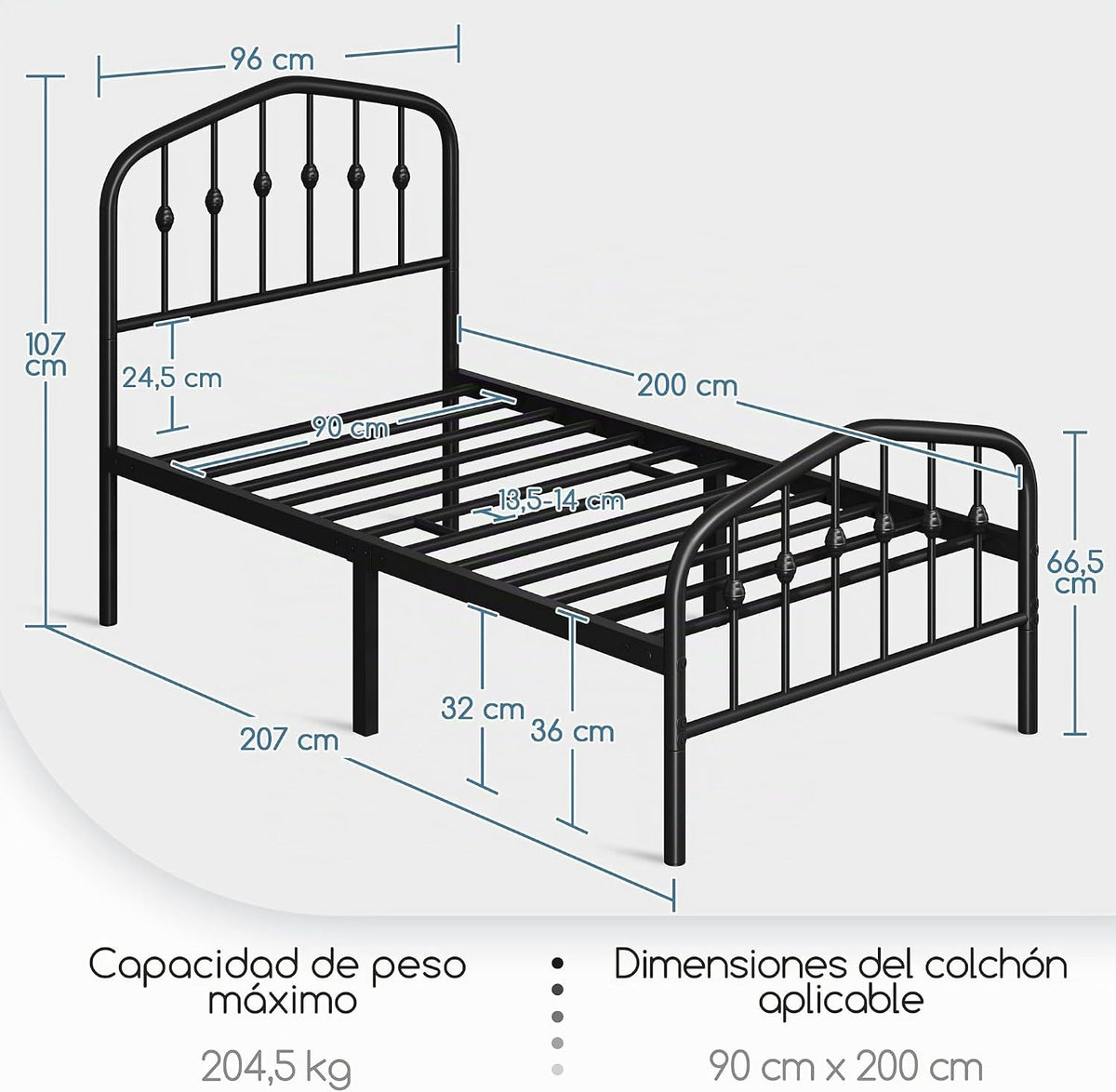 Yaheetech Metalen Bedframe - 90 x 200 cm - Zwart