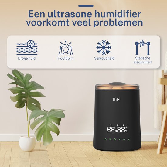 MiRi Nimbus – Luchtbevochtiger – Humidifier – 4.5L – Luchtvochtigheidmeter – Ionisator – 50m² – Ultrasoon – Afstandsbediening – Touchbediening – Aromatherapie