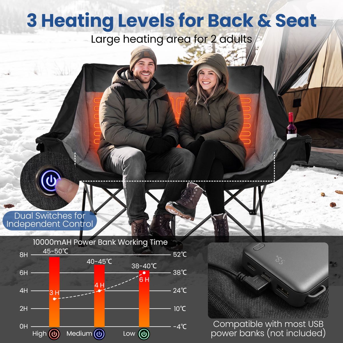 Coast Opvouwbare Dubbele Campingstoel - Verwarmd - 3 Warmtestanden - Zwart