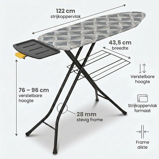STAUS&BACH Strijkplank X - voor Stoomgenerator - 122 x 43,5 cm - Inclusief mouwplankje en opvouwrek - 76 - 96 cm in hoogte verstelbaar - Met stoomunithouder stoomstrijkijzer - Donkergrijs - Ironiq Pro