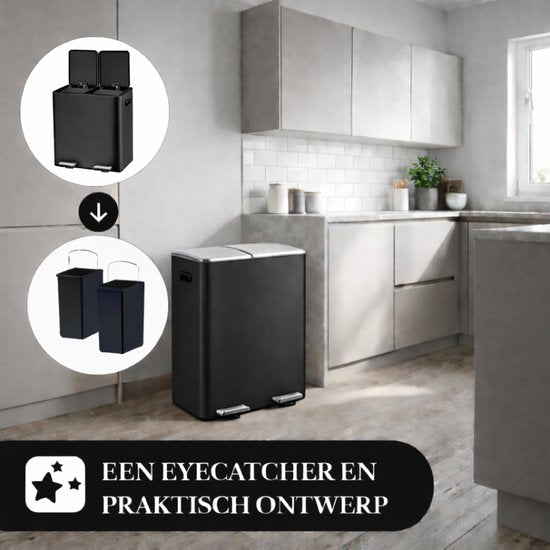 Bayt Prullenbak - Prullenbak 60 Liter (2x30) - Vuilnisbak 60 Liter - Pedaalemmer 60 Liter - Prullenbak Afvalscheiding - Prullenbak 2 Vakken - Afvalbak - RVS - Zwart/Zilver
