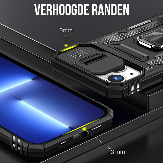 Podec Hoesje geschikt voor iPhone 13 Mini Telefoonhoesje - Anti-Shock Case Cover Hybrid Armor Hoes met Kickstand Ring met Screenprotector
