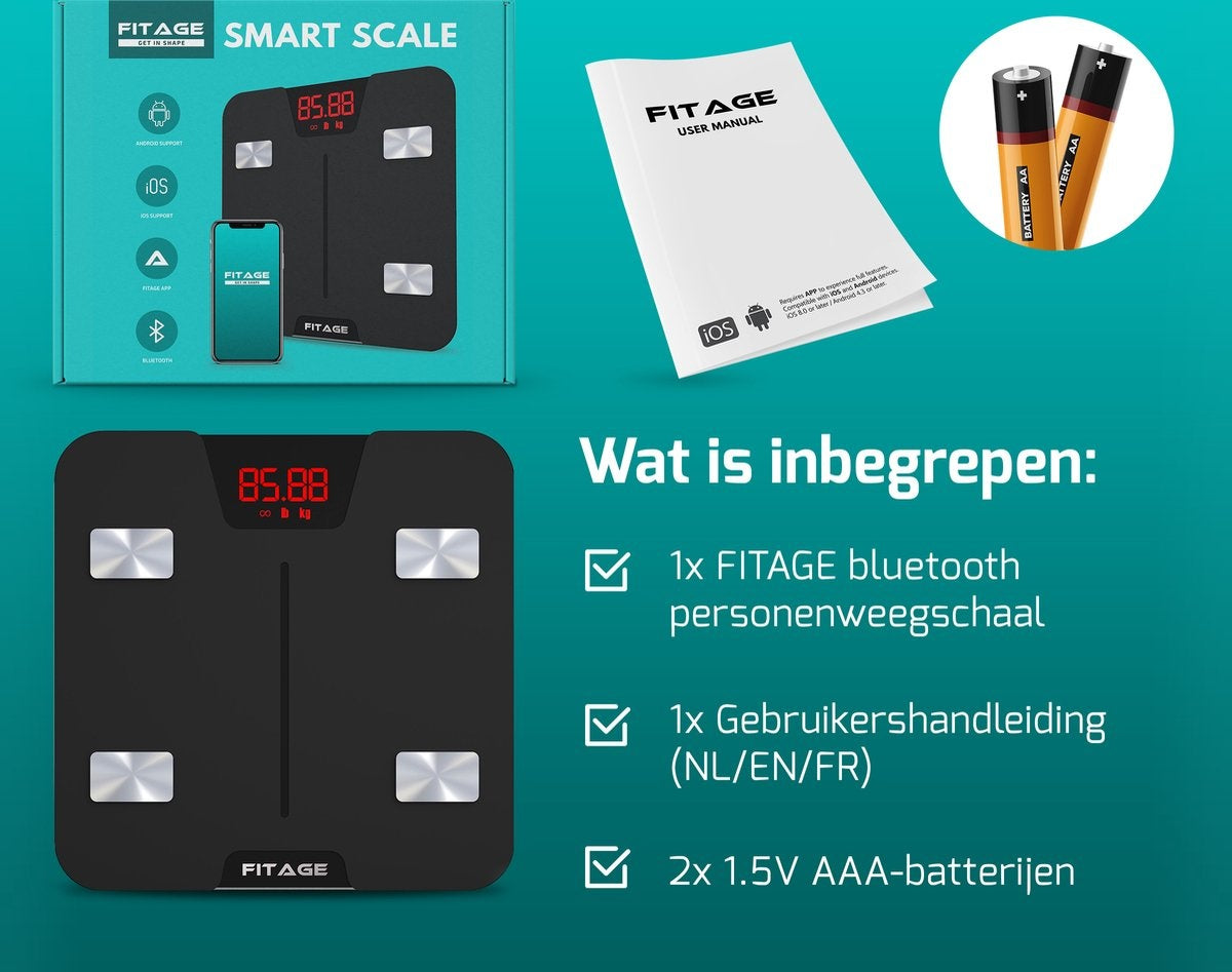 FITAGE Smart Weegschaal – App-tracking & bluetooth - 17 Lichaamswaarden – 180 kg capaciteit – 28 x 28 x 2,5 cm – Zwart