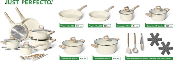 Just Perfecto 15 Delige Pannenset Inductie - Beige Pannenset Met Deksel Voor Gas en Inductie - PFAS vrij - Koudgrepen