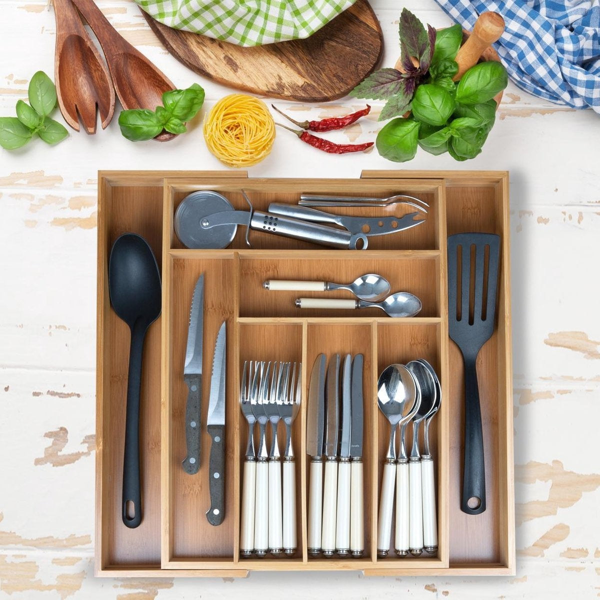 KitchenBrothers Bestekbak - Verstelbare Besteklade - 30 tot 44.5cm - Bamboehout