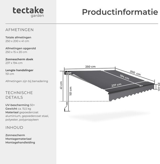 tectake® Zonnescherm met Knikarm - 250 x 200 cm - Zonneluifel - Zonwering voor Raam, Balkon, Buiten - Te Monteren aan Muur - Water- en UV-Bestendig - Donkergrijs