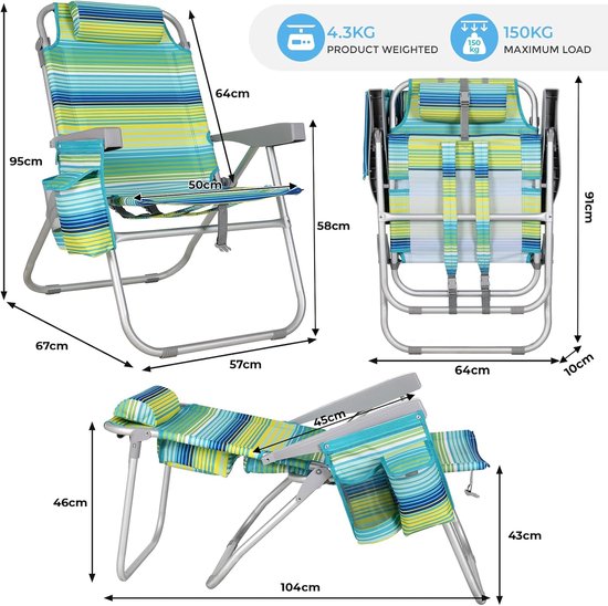 Luxe Strandstoel Set van 2 - Verstelbaar (5 Standen) - Inklapbaar met Rugzakbanden, Koeltas & Handdoekrek - Groen/Blauw Gestreept
