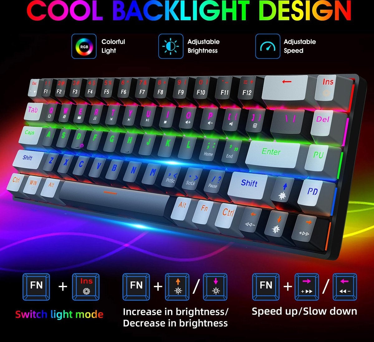 HXSJ V800 RGB Mechanisch gaming toetsenbord - QWERTY - 68 Keys - Blue Switch - Zwart grijs