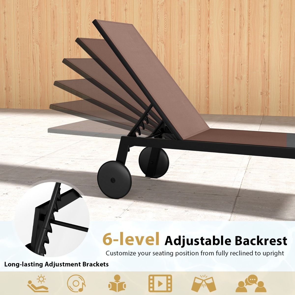 Coast tuinligstoel op wielen - 6 standen verstelbare rugleuning - ademende bekleding - bruin - 1 stuks