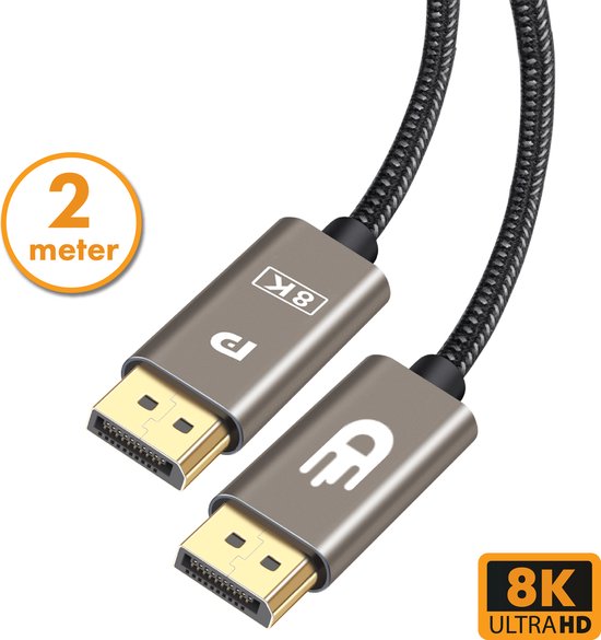 Drivv. Displayport Kabel - 8K 60Hz - 4K 144 Hz - 32.4GBps - Displayport 1.4 - DP Kabel - 2 meter - Modern Grey