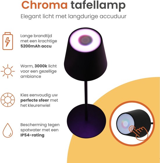 Goliving Chroma Tafellamp Oplaadbaar – Draadloos en Dimbaar – Touch Lamp – Nachtlamp Slaapkamer & Woonkamer – RGBW – 37,5 cm – Zwart