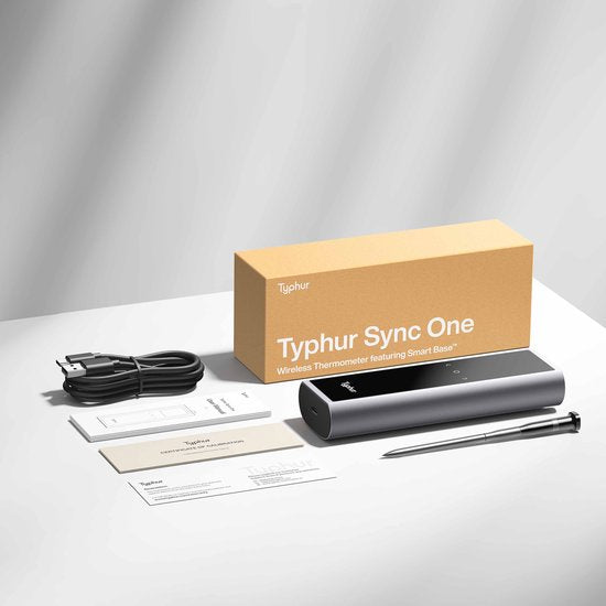Typhur Sync One - 6-sensor probe - Draadloze vleesthermometer - BBQ thermometer - Bluetooth & WiFi - Waterdicht en hittebestendig - Batterijduur tot 50 uur - Slimme app-integratie - Compact met laadstation - Voor elke kookstijl