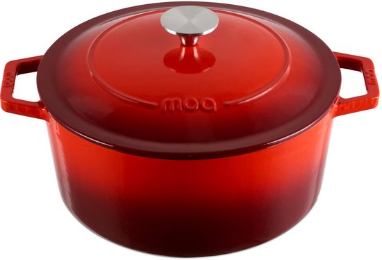 MOA Gietijzeren Braadpan - 5,7L Stoofpot - Voor Alle Warmtebronnen incl. Inductie - Met Deksel - Ø 26cm - Anti-Aanbaklaag - PFAS-vrij - Rood