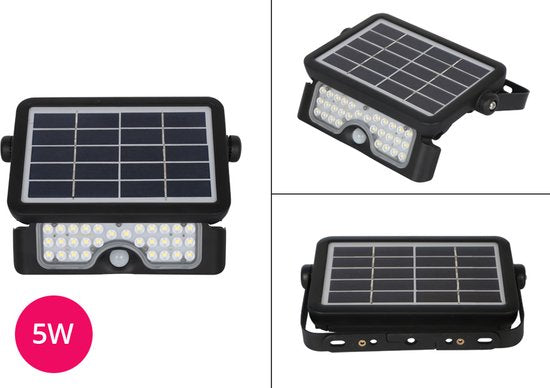 Hortensus Zwarte Schijnwerper op zonne-energie met bewegingssensor - 5W - 3x16x22cm