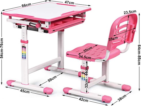 Coast Kinderbureau met Tekenblad - In hoogte verstelbaar - Max. 80 kg - 66 x 47 x 76 cm - Roze