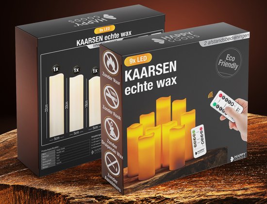 Happy Goods® - 9 delige Led kaarsen set - ECHTE WAX - 2 afstandsbedieningen – bewegende vlam