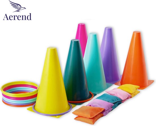 Aerend 3-in-1 Spelset voor Binnen en Buiten - Ringwerpen, Kegelen en Pittenzak Gooien - 26-delig Tuinspel voor Kinderen**