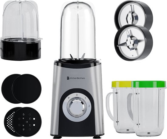 KitchenBrothers Smoothie Blender – Incl. 4 Bekers & 2 Messen – 350 W – 11.5 x 13 x 17 cm – Zilver