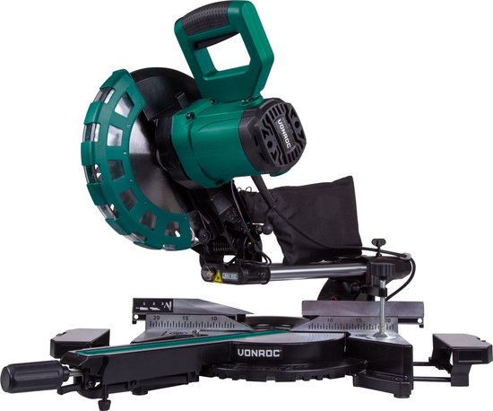 VONROC MS502AC Afkortzaag – 2200W – 4500 r/min - Verstelbare tafelverbreders – Groen - 82x48x41 cm
