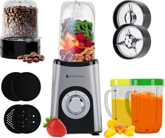 KitchenBrothers Smoothie Blender – Incl. 4 Bekers & 2 Messen – 350 W – 11.5 x 13 x 17 cm – Zilver