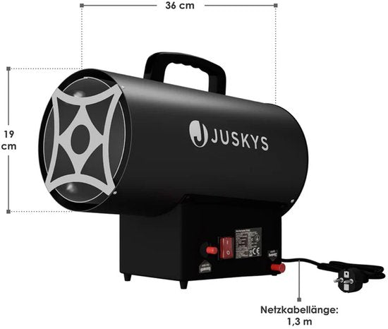Juskys – Gasheteluchtkanon – 10 kW – Voorzien Van Piezo-Ontsteking En Inclusief Gasregelaar - Met Slang – Zwart Staal - Kunststof