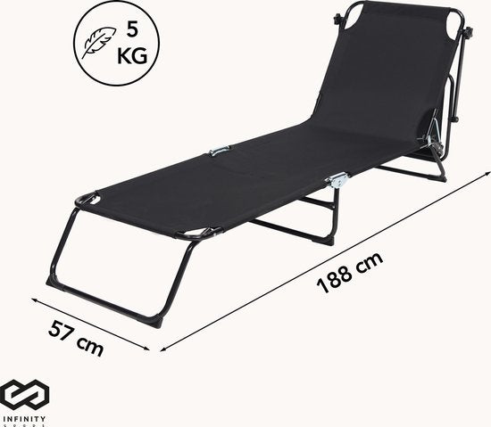 Infinity Goods Ligbed – Inklapbaar & Met Zonnescherm – max. 120 kg – 188 x 57 x 28 cm – Zwart