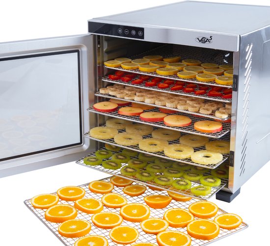 Vita5 Nobel Pro 10 XXL Droogoven - Dehydrator 10 Laags - RVS - 24-Uurs Timer - Led-bedieningspaneel - 1000 Watt - Zilver - 53x54x43 cm