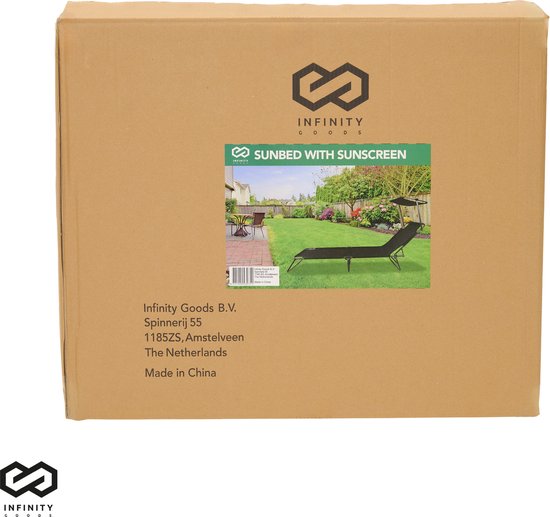 Infinity Goods Ligbed – Inklapbaar & Met Zonnescherm – max. 120 kg – 188 x 57 x 28 cm – Zwart