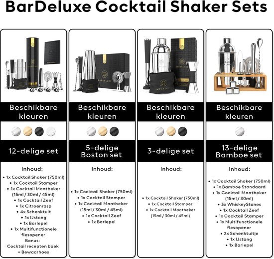 BarDeluxe® Cocktail Set - 12-Delig - Cocktail Shaker Set (750ml) - Luxe Cadeauverpakking - Inclusief Nederlandstalig Receptenboek