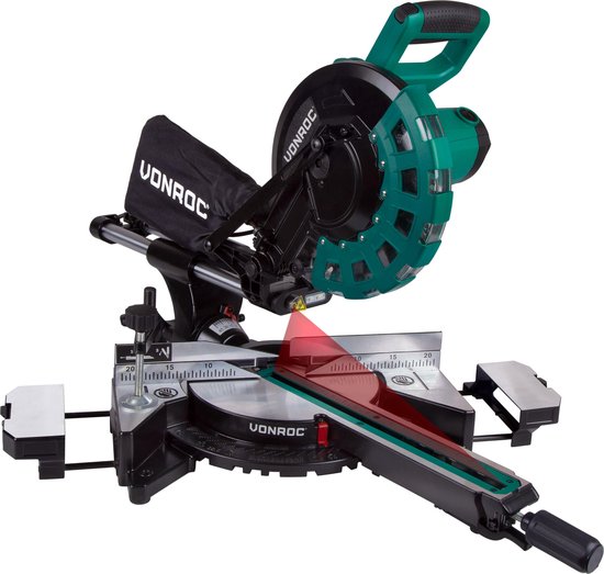 VONROC MS502AC Afkortzaag – 2200W – 4500 r/min - Verstelbare tafelverbreders – Groen - 82x48x41 cm