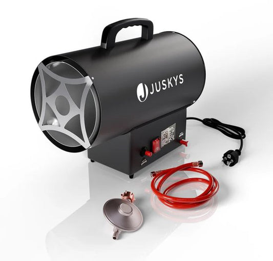 Juskys – Gasheteluchtkanon – 10 kW – Voorzien Van Piezo-Ontsteking En Inclusief Gasregelaar - Met Slang – Zwart Staal - Kunststof