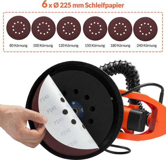 Costway schuurmachine voor droge muren - 230V - 750W - Incl stofzak, draagtas, schuurpapier en stofslang - Oranje