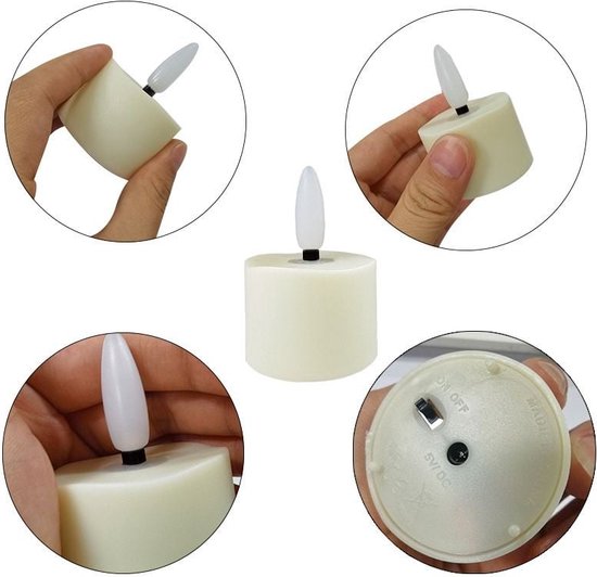 FlinQ Oplaadbare LED Waxinelichtjes – Bewegende Vlam – Incl. Afstandsbediening – Set van 6 – Ø4 x 5,5 cm – Wit