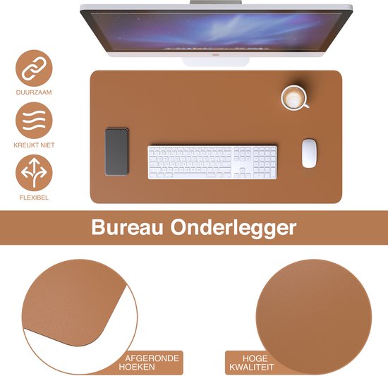 WURK Professionele Bureau Onderlegger Kunstleer – Bureau Organizer – Bureaumat – Bureau Accessoires – Muismat XXL– Inclusief Kabel Clip – 120x60 – Cognac Bruin