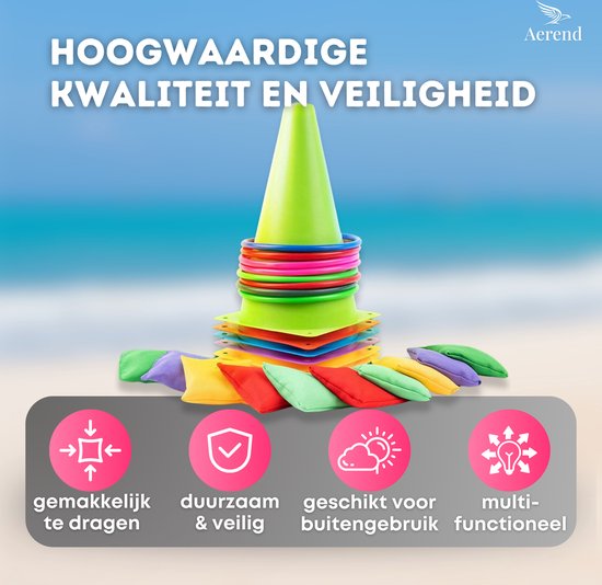 Aerend 3-in-1 Spelset voor Binnen en Buiten - Ringwerpen, Kegelen en Pittenzak Gooien - 26-delig Tuinspel voor Kinderen**