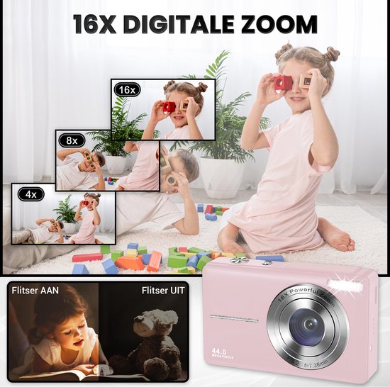 K&L Digitale Camera - Fototoestel - Fotocamera - Compact Camera - Vlog Camera - Voor Kinderen - Inclusief 32GB - Roze