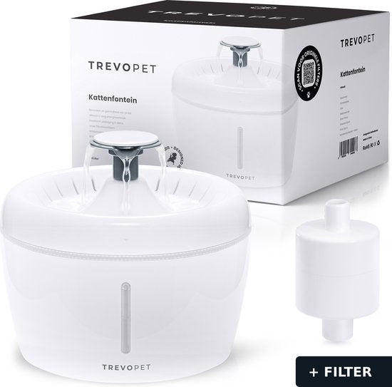 TrevoPet® Drinkfontein Kat - Fluisterstil - Drinkbak Kat - 2.5 Liter - Inclusief Filter - Wit