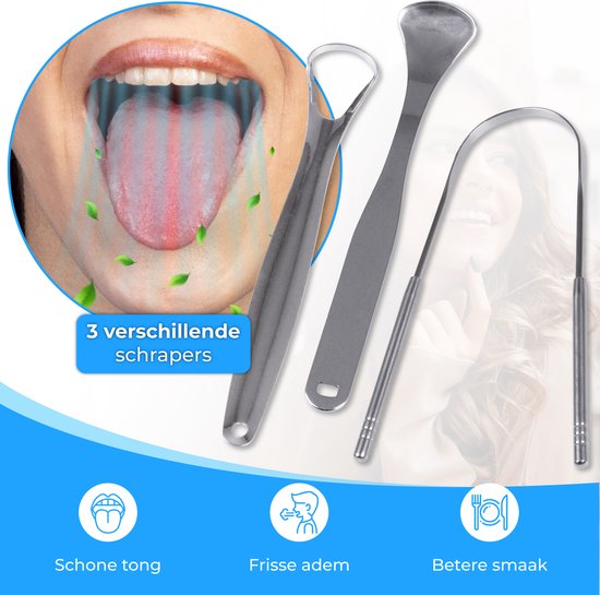 Nuvance - Professionele Tongschraper - 3 in 1 Set - voor Mondverzorging - Tongreiniger - Tong Schraper - Tongue Scraper - RVS