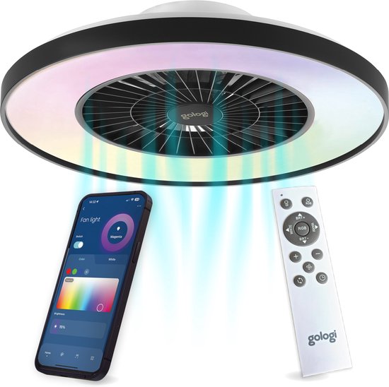 Gologi Plafondventilator met Verlichting - Ø60 cm - LED RGBW - 6 Standen - Plafondlamp Slaapkamer - Met Afstandbediening en App - Zwart