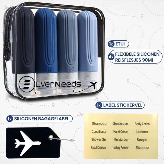 EverNeeds Reisflesjes Met Etui - Navulbaar - Siliconen Reisflesjes Handbagage - Blauw - 4 Stuks