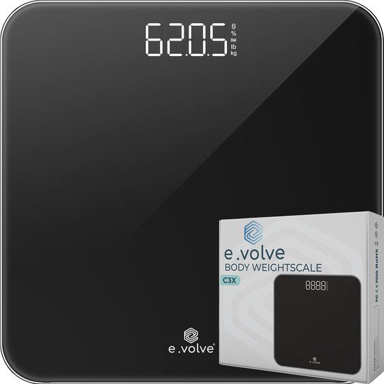 E-volve - Personenweegschaal Digitaal - Inclusief Batterijen - Gehard Glas - LCD Display - Tot 180 kg - Nauwkeurige Meting - Zwart