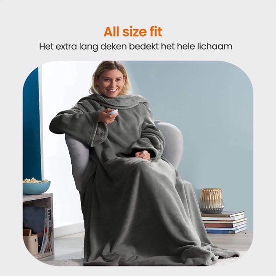 Goliving - Elektrische deken met mouwen - Fleece - Knuffeldeken groot - Wasbaar - met 9 standen en timer - 195x125cm - Grijs