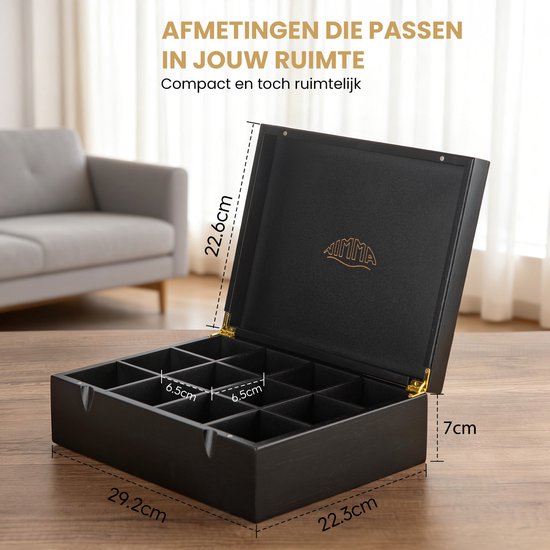 Nimma Theedoos - 12 Vaks - Theedoos Zwart - Magneetsluiting - Thee Doos - Theedoos Losse Thee - Zwart