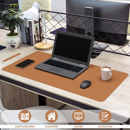 WURK Professionele Bureau Onderlegger Kunstleer – Bureau Organizer – Bureaumat – Bureau Accessoires – Muismat XXL– Inclusief Kabel Clip – 120x60 – Cognac Bruin
